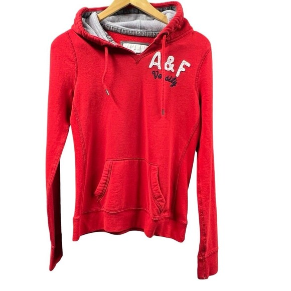 Abercrombie & Fitch NY Hoodie Sweatshirt Women Large Red Pullover Activewear Top - Picture 1 of 15